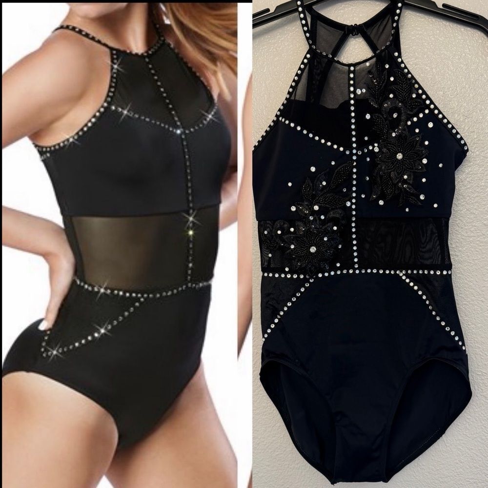 WEISSMAN custom solo Ivy Sky Dance Costume black Crystal Leotard MT10430 XSA